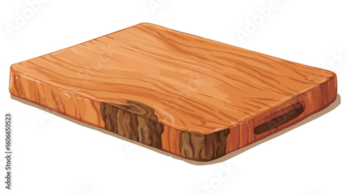 The image shows a rectangular wooden cutting board with visible wood grain and texture. The wood is primarily light brown with darker brown streaks and knots. The edges appear somewhat rough 