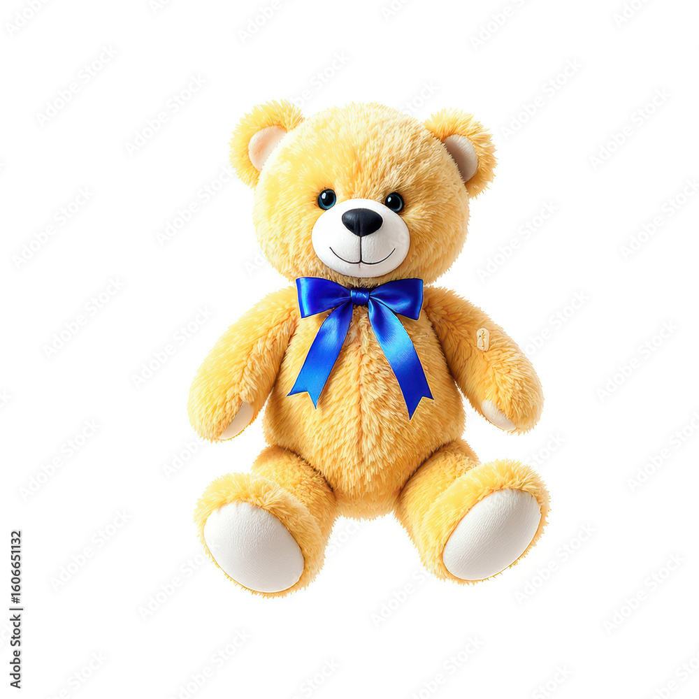 Fototapeta premium Soft yellow teddy bear with blue ribbon sitting