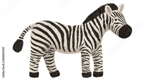 A digital illustration of a zebra depicted in profile view against a plain white background. The zebra is rendered in a simplistic, almost cartoonish style with bold black and white stripes. 
