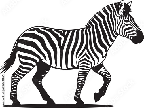 Black and white striped zebra vector illustration, a wild safari animal mammal standing in profile with a unique pattern, isolated on a white background