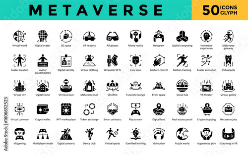 Metaverse icons set with virtual world, digital avatar, 3d space, vr headset, ar glasses, mixed reality, hologram, spatial computing, immersive experience icon. Simple glyph vector 
