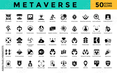 Metaverse icons set with nft artwork, nft minting, nft collection, rarity ranking, nft auction, nft trading, virtual assets, blockchain ownership, asset verification icon. Simple glyph vector 
