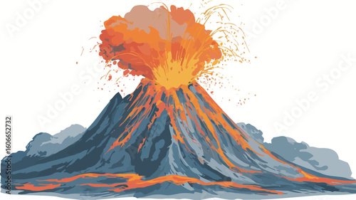 Illustration depicting a volcano in eruption. The volcano is rendered in shades of grey and blue, with orange and yellow hues representing the lava and fiery eruption.  The style is illustrative,