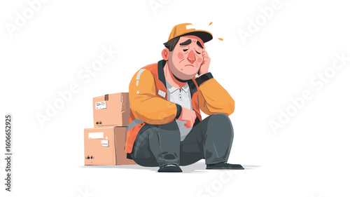 A digital illustration depicts a tired-looking delivery person sitting on the ground, leaning on their hand.  The character is a chubby, middle-aged man with a concerned expression.