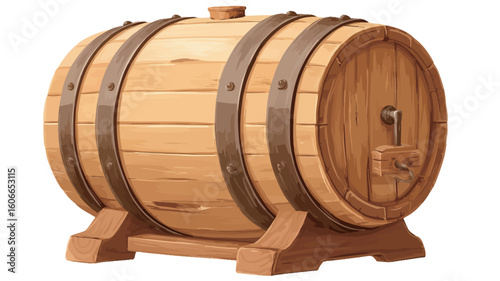 The image shows a light brown wooden barrel with dark brown metal bands encircling it. The barrel has a small tap or bung visible on its side, and it rests on a small wooden stand. 