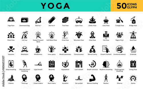 Yoga icons set with yoga mat, yoga block, yoga strap, bolster, blanket, eye pillow, meditation cushion, incense, singing bowl, essential oils icon. Simple glyph vector 
