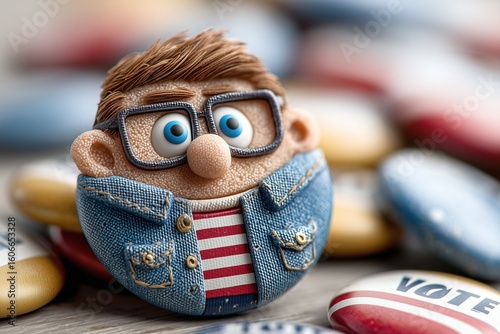 Cartoon Character with Glasses and Patriotic Shirt: Playful Politics