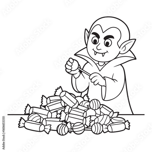 Cartoon vampire with candy on halloween coloring page art