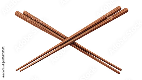 Close-up studio shot of two pairs of brown wooden chopsticks arranged in a crossed formation against a pure white background. The chopsticks are in sharp focus, exhibiting the smooth texture of the