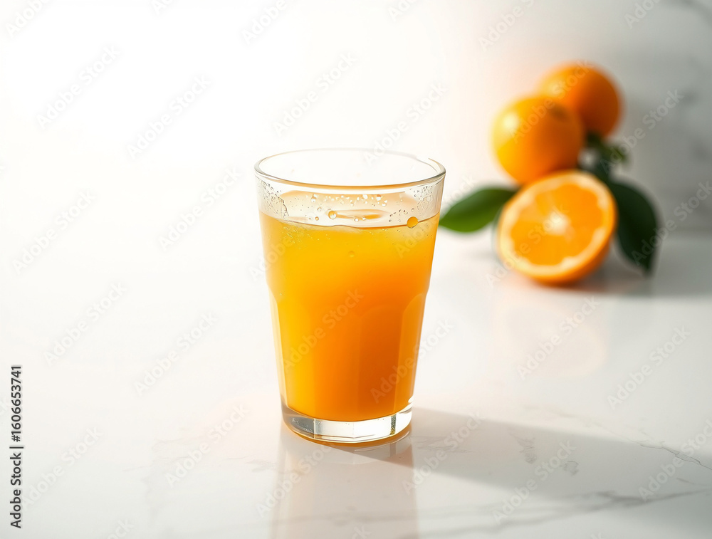 Glass of Fresh Orange Juice with Whole Oranges on White Background Glass of Fresh Orange Juice with Whole Oranges on White Background
