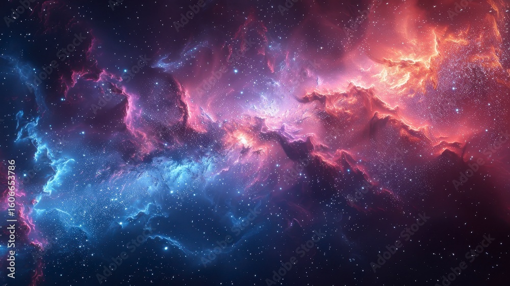 Fototapeta premium Cosmic cloudscape. Streaks of blue & pink nebula blend with starlight in vast expanse