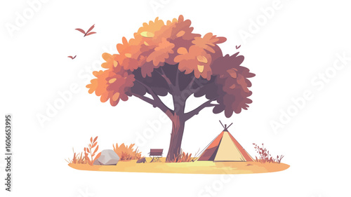 A digital illustration depicting a stylized landscape scene.  The focal point is a large, full-bodied tree with orange and brown autumnal leaves.  A small, beige-colored tent is situated at the
