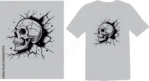 Skull Breaking Through Wall with Cracks - Grunge Impact Graphic