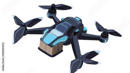 The image shows a digital illustration or rendering of a black and cyan delivery drone. The drone has four rotors and a compartment in the center carrying a brown cardboard box.  
