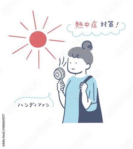 ハンディファンを使って涼しむ女性のイラスト素材	
