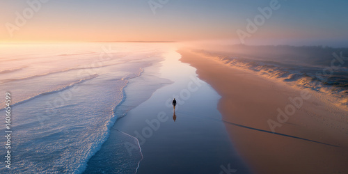 drone shot over a remote Australian beach near the Great Barrier Reef. A lone courier walks down the beach, casting a long shadow. Clean composition