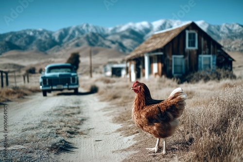 Rustic Farmhouse with Chicken on the Road: Serene Rural Landscape
