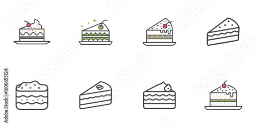 Cake slice icon set for blogs, websites, clipart, dessert, sweets, party, menu, greeting cards, educational and awareness materials, presentations