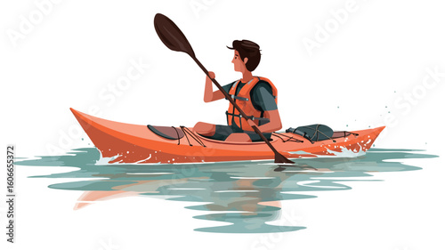 A digital illustration depicting a young man kayaking on calm water. The kayak is orange and the water is a light blue-green. The man is wearing a life vest and holding a paddle. The style is