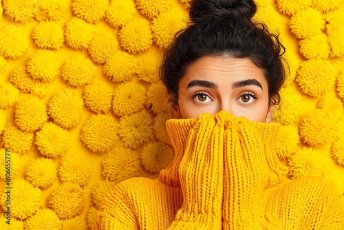 Warm and Cozy Portrait of a Woman in a Vibrant Yellow Knit Sweater
