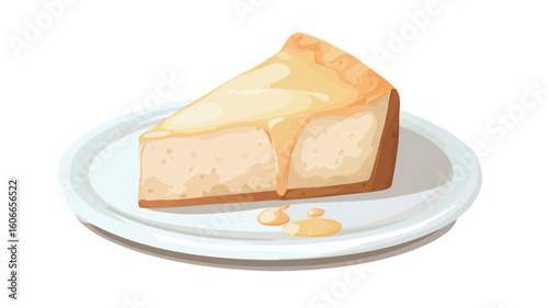 Close-up studio shot of a single slice of cheesecake on a small white plate. The cheesecake is light-colored with a slightly browned crust. A golden-colored sauce or syrup is drizzled over the top