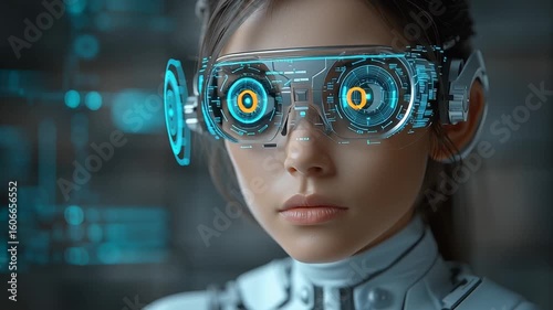 Futuristic woman wearing advanced augmented reality glasses, immersed in digital interface, showcasing technology and innovation in a modern environment with vibrant holographic displays