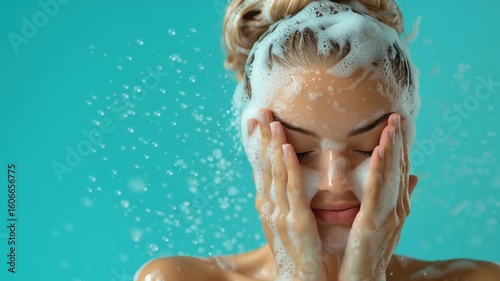 Young woman enjoying a refreshing facial cleansing experience with bubbles and foam, showcasing skincare routine and self-care in a bright, vibrant atmosphere