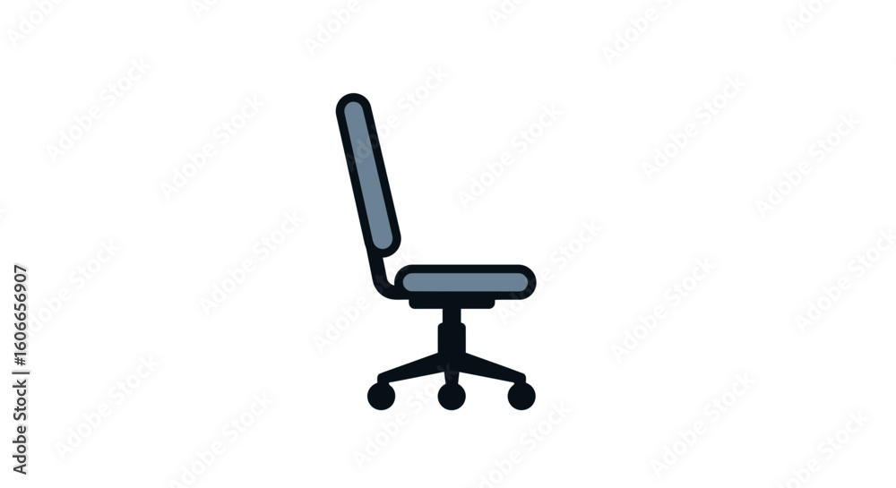 Side view of a blue office chair icon. Ergonomic swivel task seat with wheels vector illustration. Side view of a blue office chair icon. Ergonomic swivel task seat with wheels vector illustration.