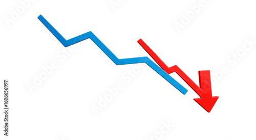 A 3D graph showing a downward trend with a red arrow symbolizing a market crash. A conceptual chart for financial crisis and economic recession.