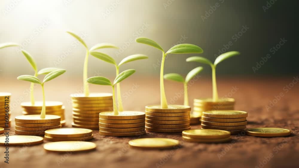 Green Sprouts Growing from Golden Coin Stacks: Financial Growth Concept