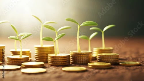 Green Sprouts Growing from Golden Coin Stacks: Financial Growth Concept