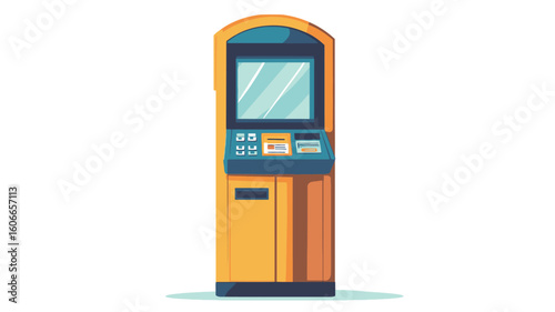 A digital illustration of an ATM machine against a white background.  The ATM is depicted in a simplified, flat design style with predominantly yellow and blue color scheme. The illustration shows
