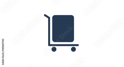 Vector icon of a luggage cart or hand truck with a package. Symbol for baggage, transport, delivery, and logistics.