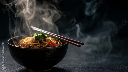Hot steamy Asian noodles in ceramic bowl with chopsticks, dark moody background, cozy restaurant vibe, fusion ramen soup aesthetic for food lovers