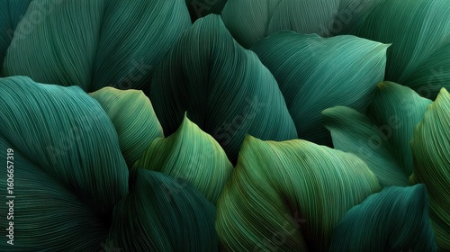 Close-up of green leaves with detailed veins and textures creating a layered, natural pattern with varying shades of green.