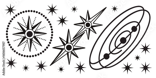Retro starbursts and celestial orbits in a mid century modern style