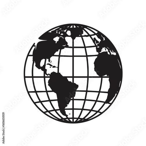 Black globe illustration with grid lines on a white background  
