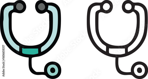 Two simple icons of a medical stethoscope, one colored and one in black outline.