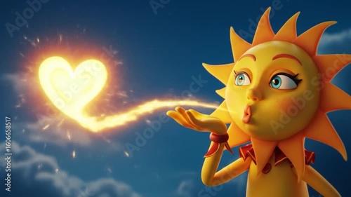 Animated Sun Character Blowing a Glowing Heart into a Blue Sky