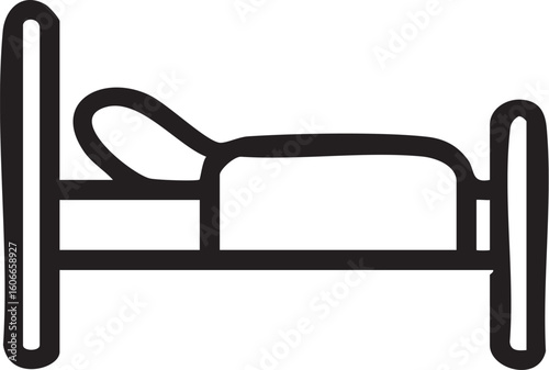 A simple black outline icon depicting a bed with a pillow and blanket, drawn in a minimalist style.