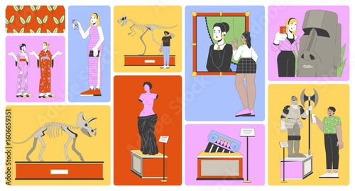Modern visitors exploring museum exhibits bento grid illustration set. Art gallery, dinosaur skeletons, taking selfies 2D vector image collage design. Diverse flat characters moodboard layout