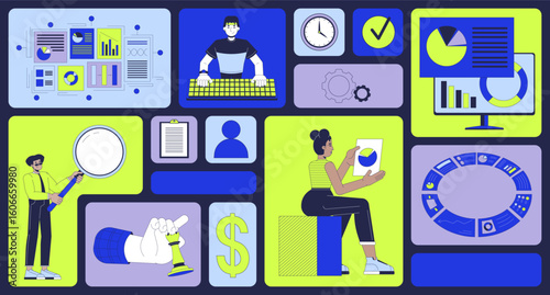 Business analytics and strategic data visualization bento grid illustration set. Dashboard, analysis 2D vector image collage design collection. Diverse analysts flat characters moodboard layout