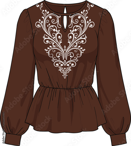 Technical flat sketch of a women's brown blouse, featuring intricate white embroidery, a keyhole neckline, cinched waist, and stylish long puffed sleeves, perfect for elegant fashion design.