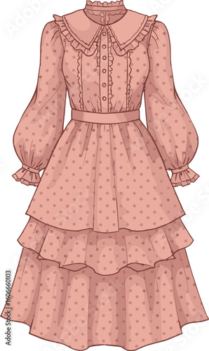  Technical flat sketch of a women's pink midi dress featuring polka dots, Peter Pan collar, ruffled long puffy sleeves, button front, and tiered ruffle skirt, ideal for feminine fashion design.