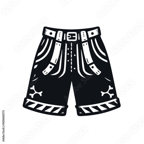 Black shorts with straps and decorative elements on white background  