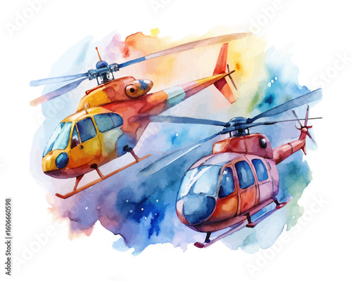 watercolor Medical Helicopter vector illustration isolated on white background