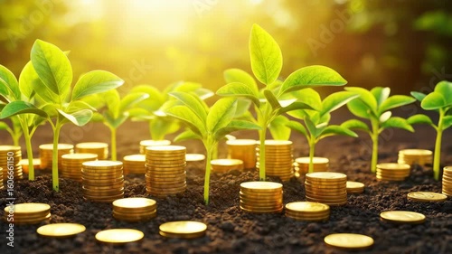 Growing Wealth: Golden Coins and Green Plants in Fertile Soil