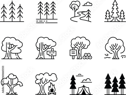 Collection of hand drawn forest and nature icons representing trees camping and landscapes