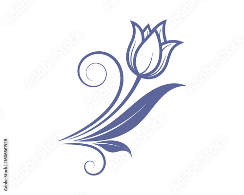 Elegant Tulip Flower Floral Design with Swirls and Leaf in Purple Color, Isolated on White Background Vector Illustration