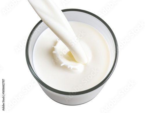 Milk Pouring Smoothly into Tall Glass from Above, Top-Down View, Isolated PNG